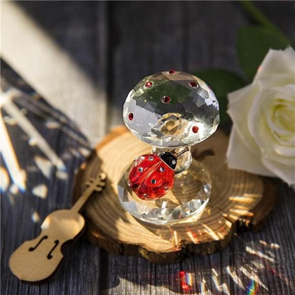 Crystal Ladybug on Mushroom Figurine Statues Home Table Decoration Ornament - Picture 3 of 6